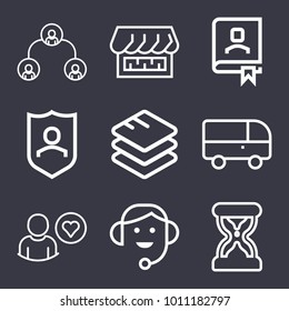 Business outline vector icon set on dark blue background