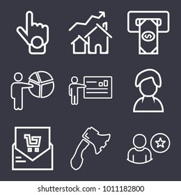 Business outline vector icon set on dark blue background