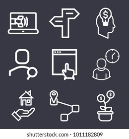 Business outline vector icon set on dark blue background