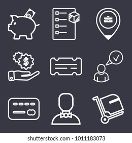 Business outline vector icon set on dark blue background