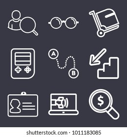 Business outline vector icon set on dark blue background