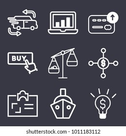 Business outline vector icon set on dark blue background