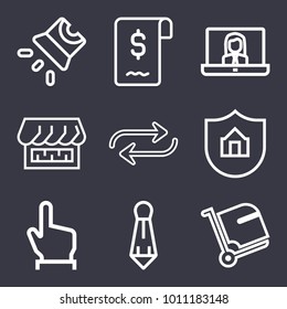 Business outline vector icon set on dark blue background