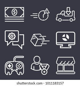 Business outline vector icon set on dark blue background