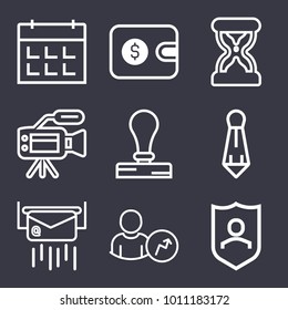 Business outline vector icon set on dark blue background