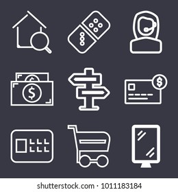 Business outline vector icon set on dark blue background