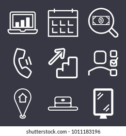 Business outline vector icon set on dark blue background