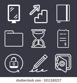 Business outline vector icon set on dark blue background
