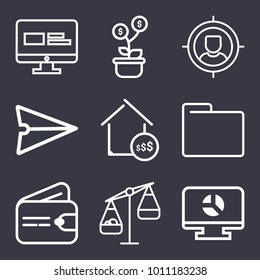 Business outline vector icon set on dark blue background