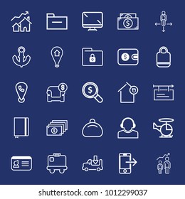 Business outline vector icon set on navy background