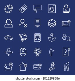 Business outline vector icon set on navy background