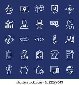 Business outline vector icon set on navy background