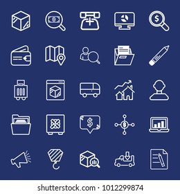 Business outline vector icon set on navy background