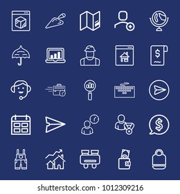 Business outline vector icon set on navy background