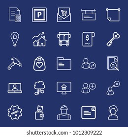 Business outline vector icon set on navy background