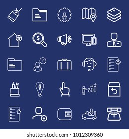 Business outline vector icon set on navy background