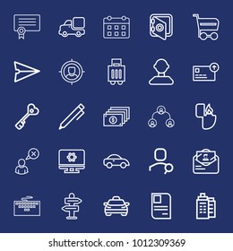 Business outline vector icon set on navy background
