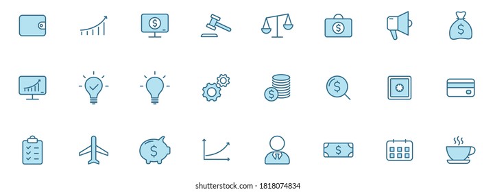 Iconos vectoriales de esquema de negocio en dos colores aislados en blanco. Juego de iconos azul para diseño web, aplicaciones móviles, diseño e impresión de ui.