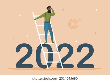 Business outlook concept. Businessman uses binoculars and looks for prospects for development of company. Leader stands on the stairs and looks into the future. Cartoon flat vector illustration