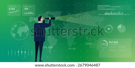 Business outlook vision world map businessman looking through telescope illustration  future forecasting trend analysis on a global scale corporate cyber digital investigation