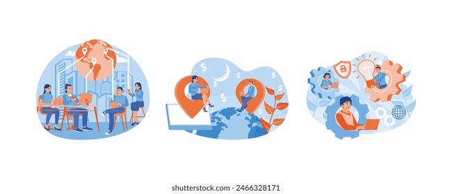 Business Outsourcing. Entrepreneurs promote work on social media. Company development and strategy. Outsourcing concept. Set flat vector illustration.