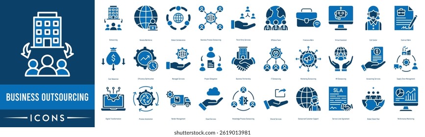 business outsourcing icon set. Outsourcing, Remote Workforce, Global Collaboration, Business Process Outsourcing, Third-Party Services and Offshore Team