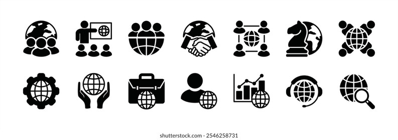 Conjunto de Vectores de icono de subcontratación empresarial. Contenido: trabajo en equipo, cooperación internacional, colaboración, conexión global, Acuerdo, guía, estrategia, comunidad, Asistencia, gráfico, búsqueda, empleado