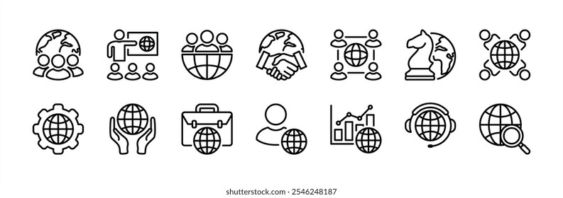Conjunto de ícones da linha de terceirização de negócios. Contendo trabalho em equipe, cooperação internacional, colaboração, conexão global, contrato, orientação, estratégia, comunidade, suporte, gráfico, pesquisa, funcionário