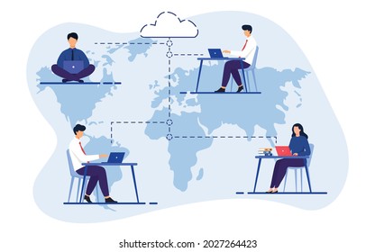 Business Outsourcing, People Using Cloud System in Distant Work and Data Storage. Business process outsourcing, outplacement, offshore software development, freelance job, and recruitment company.