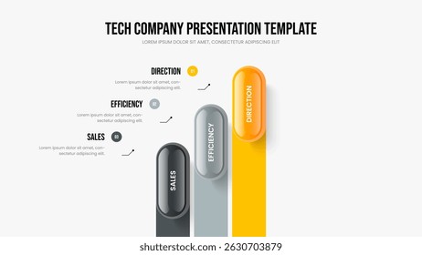 Visão geral dos negócios Layout do slide Ilustração do vetor. Design de apresentação do diagrama de etapa 3 da solução de mercado. Modelo de Quadro de Infográfico de Três Opções da Campanha Empresarial.