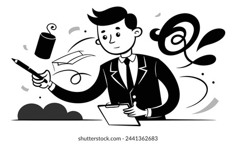 Ilustración en blanco y negro del concepto del negocio de la venta de poder sobre fondo blanco