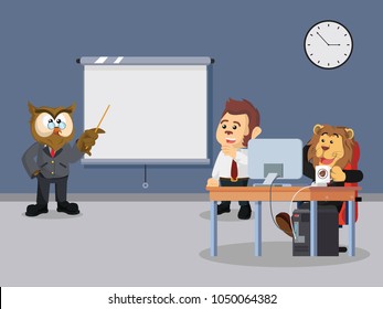Business owl giving presentation to his workmate and manager in the office