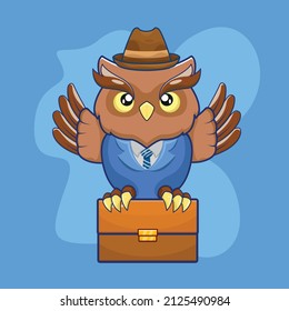 Business owl with hat holding Briefcase cartoon illustration. flat cartoon style Free Vector