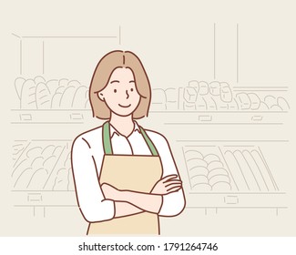 Business Owner With Bakery Shop Background. Hand Drawn Style Vector Design Illustrations.