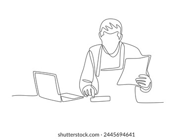 Business owner is calculating income from files.Business small one-line drawing