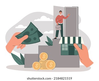 Business owner concept. Man sells point of sale, successful entrepreneur or businessman. Financial literacy and economic real estate transactions, passive income. Cartoon flat vector illustration