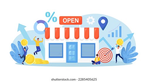 Business owner and entrepreneur open retail shop. Backing startup project. Banking loan to start new business. Investment in small business. New local store and happy customers