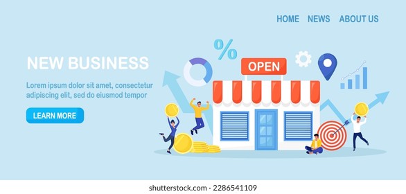 Business owner and entrepreneur open retail shop. Backing startup project. Banking loan to start new business. Investment in small business. New local store and happy customers