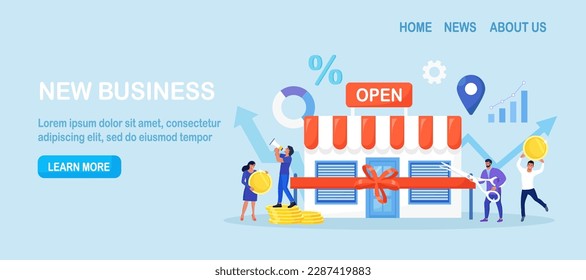 Business owner, entrepreneur open retail shop, cutting ribbon with scissors. Backing startup project. Banking loan to start new business. Investment in small business. New local store, happy customers