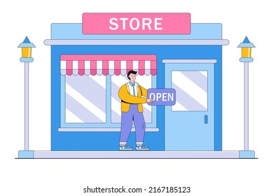 Business Owner And Entrepreneur Start Retail Shop, Build Storefront, Or Open An Online Shop Concepts. Confidence Businessman Holds Open Signboard And Stands In Front Of His Newly Opened Company.