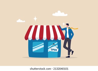 Business owner and entrepreneur start small business or retail shop, open store front or online shop concept, confidence businessman entrepreneur standing with his new opening company or store front. - Shutterstock ID 2132040101