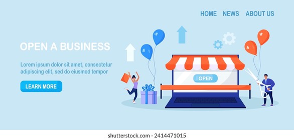 Business owner and entrepreneur start small business or retail shop. New online store, website. Businessman holding scissors in his hand cuts red ribbon. Opening internet store