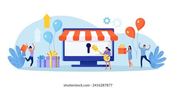 Business owner and entrepreneur start small business or retail shop. New online store, website, account. Woman opens the lock with a key. Grand opening