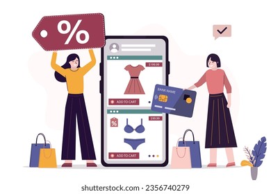 Business owner holds discount tag, promotion campaign in internet sore. Mobile application of online shop, female consumer orders goods and pays with credit card. E-commerce technologies, shopping.