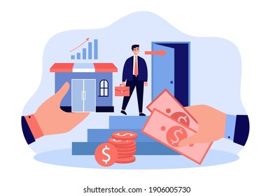 Business owner selling company. Flat vector illustration for bankruptcy, change of ownership, entrepreneurship, buyout deal, trade concept