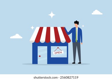 Business owner start small business, entrepreneur standing proudly with his newly launched business 