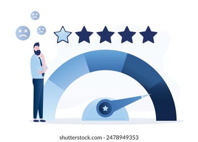 Business owner or unhappy businessman is sad because his business gets one star. Poor performance and bad reputation. Bad customer reviews and low rating, unsatisfactory service. vector illustration