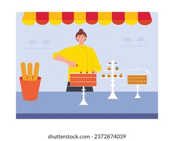 The business owner woman of a bakery is decorating a cake with cherries, with various breads and sweet foods. Character design. Vector flat illustration