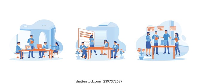 Business owners lead informal internal business meetings. Senior female CEO discussing company presentation at the meeting table and planning and discussing new projects during meetings in the office.