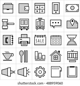 Business package icons with stripe pattern. There are simple flat vector icons related to communication, business and media. 
